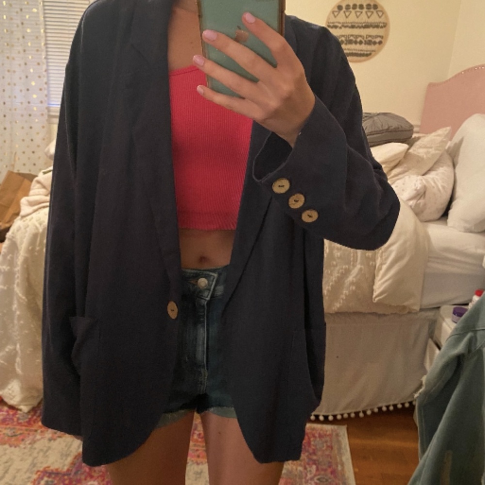 Vintage Havana Navy Blue Linen Blazer